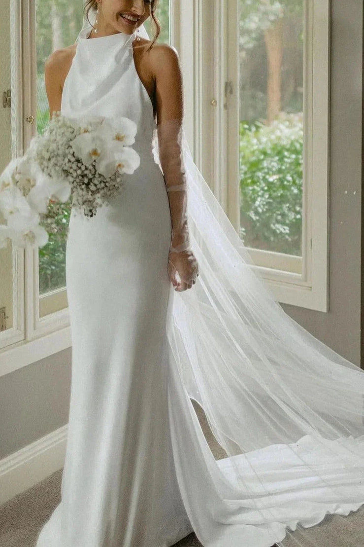 Fitted High Neck Halter Backless Summer Wedding Dress
