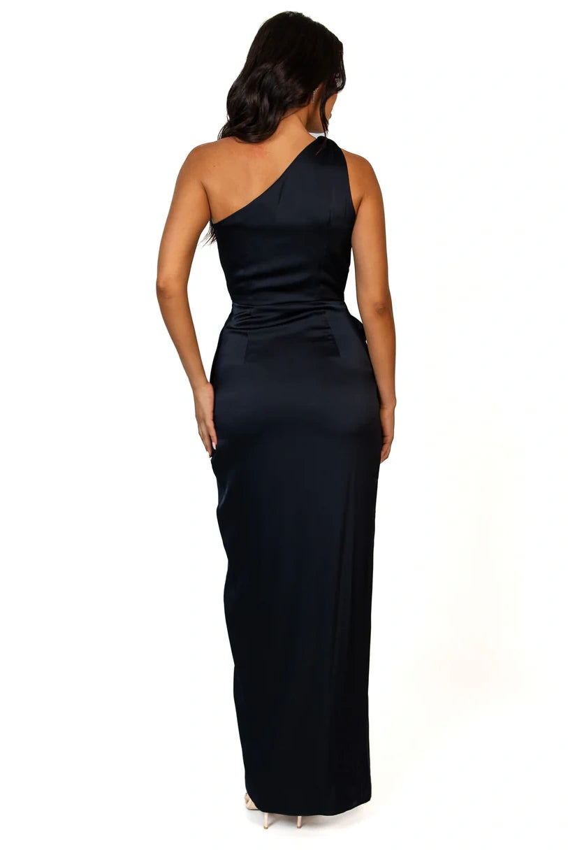 Casual Satin Fitted One Shoulder Sleeveless Bridesmaid Dress With Slit