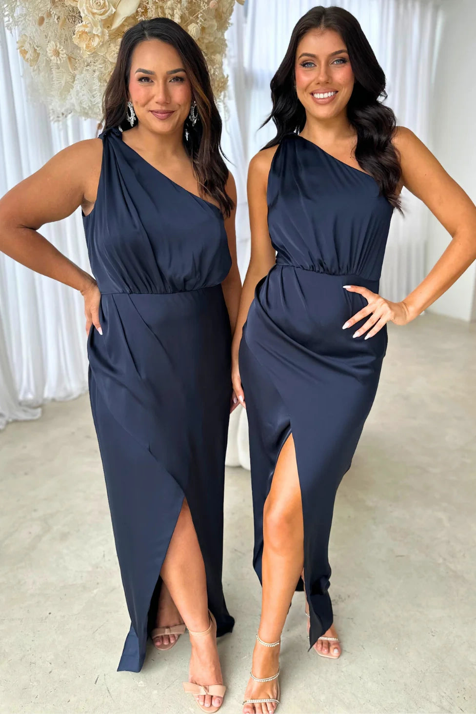 Casual Satin Fitted One Shoulder Sleeveless Bridesmaid Dress With Slit