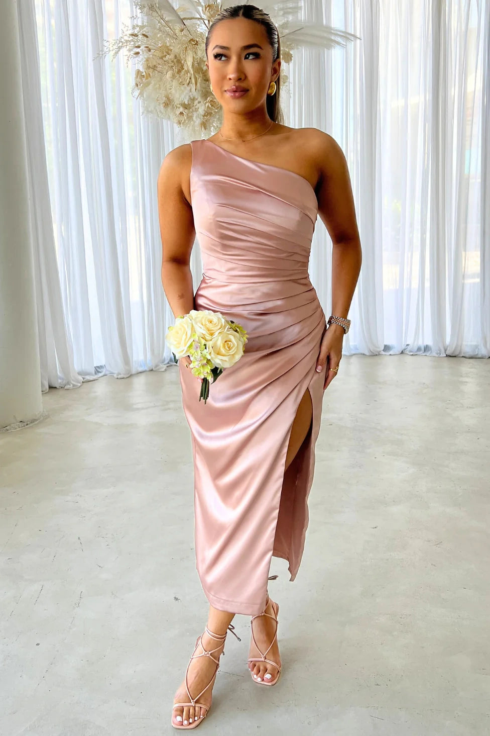 Casual Satin Fitted Ruched Bridesmaid Dress With Slit
