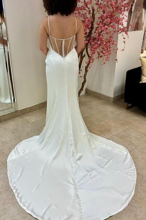 Satin Fitted V-Neck Sleeveless Wedding Dress With Side Slit