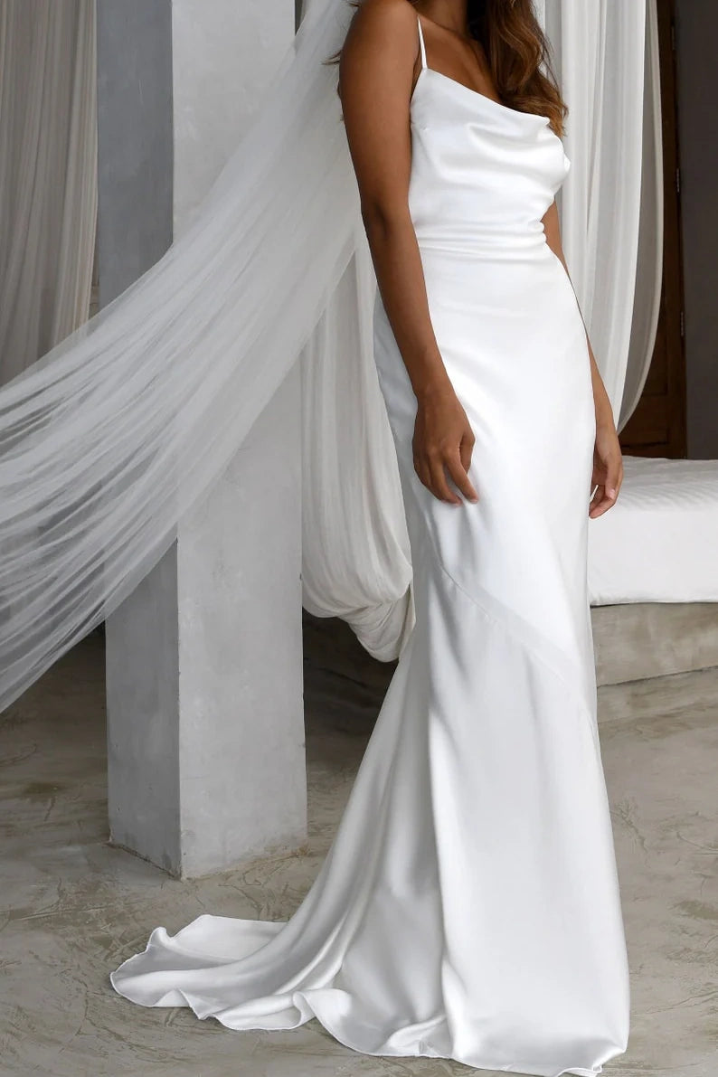 Casual Satin Spaghetti Straps Mermaid Long Summer Wedding Dress