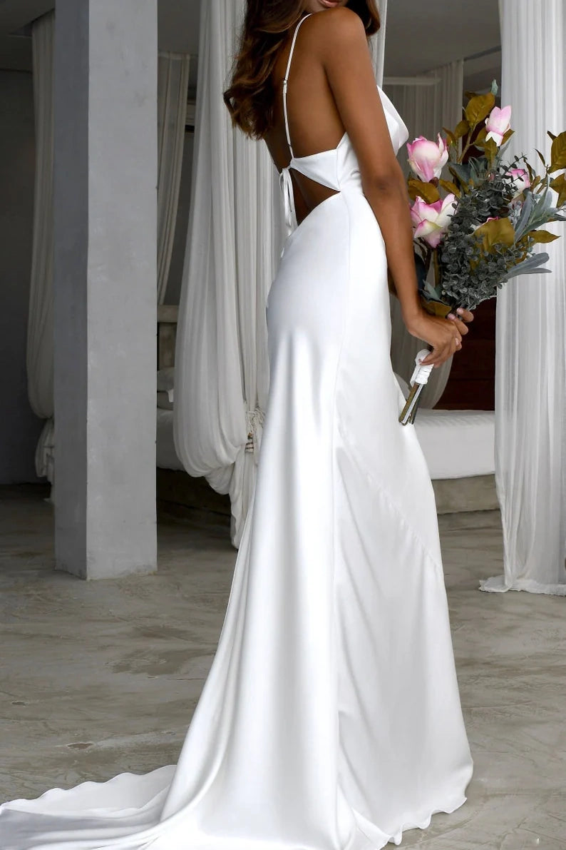 Casual Satin Spaghetti Straps Mermaid Long Summer Wedding Dress
