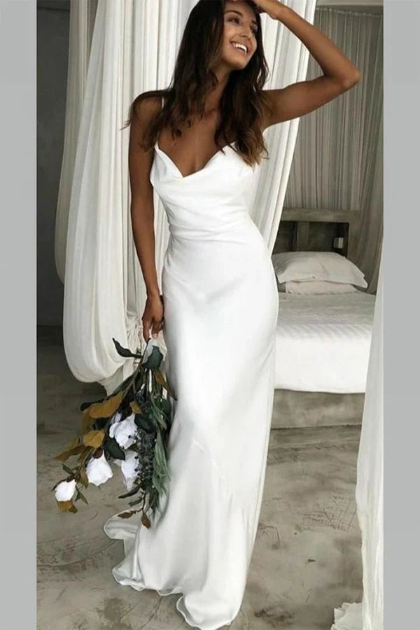 Casual Satin Spaghetti Straps Mermaid Long Summer Wedding Dress