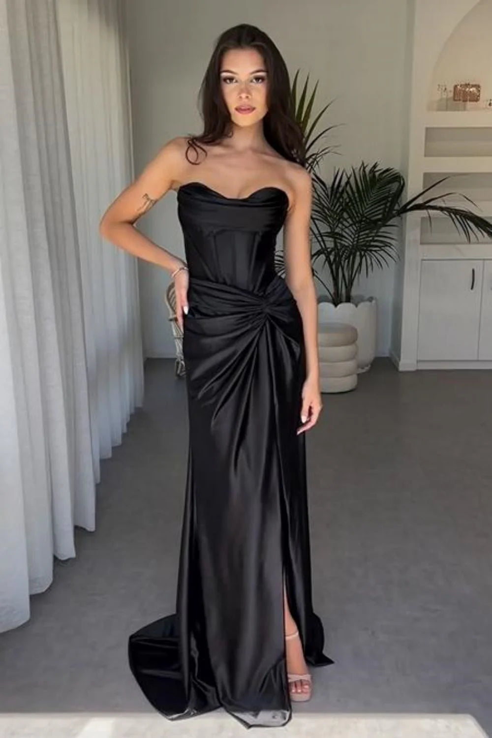 Casual Satin Strapless Ruched Empire Party Prom Dress With Slit