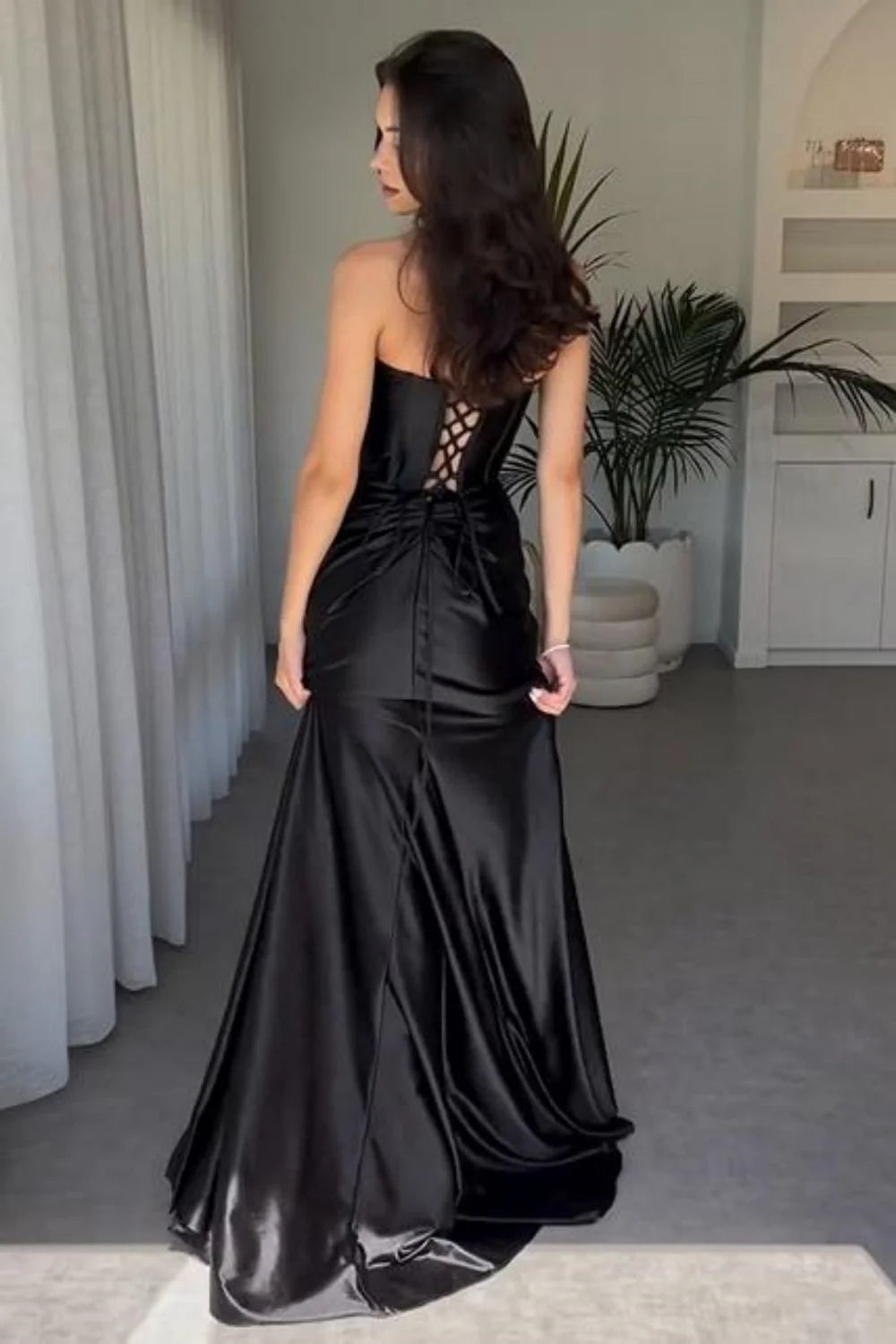 Casual Satin Strapless Ruched Empire Party Prom Dress With Slit