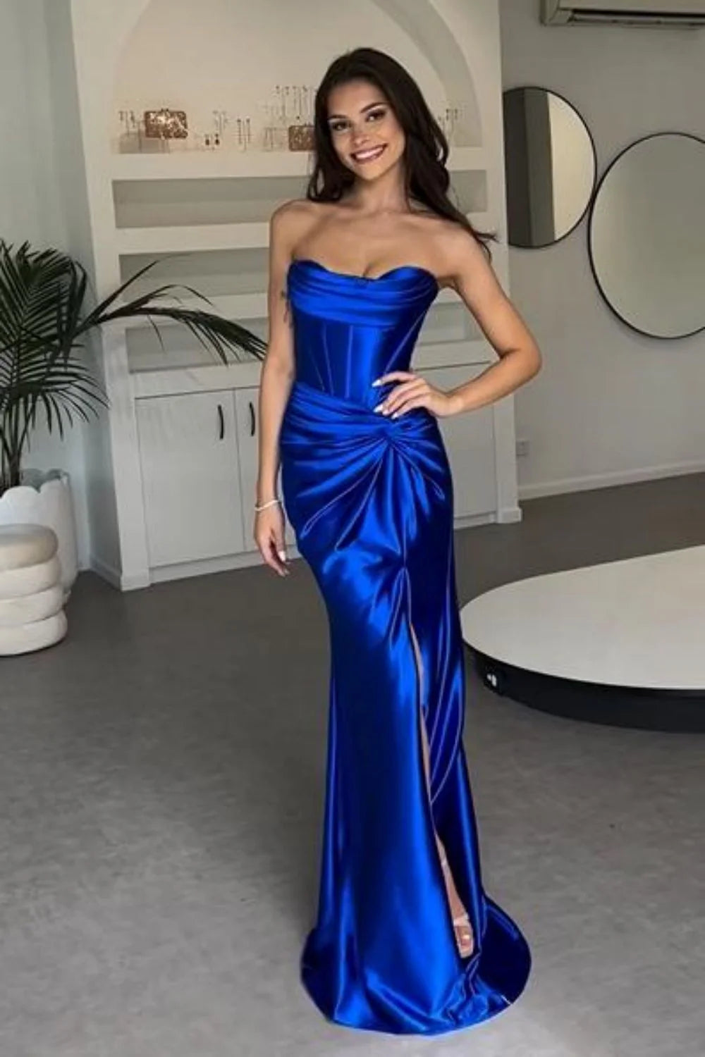 Casual Satin Strapless Ruched Empire Party Prom Dress With Slit