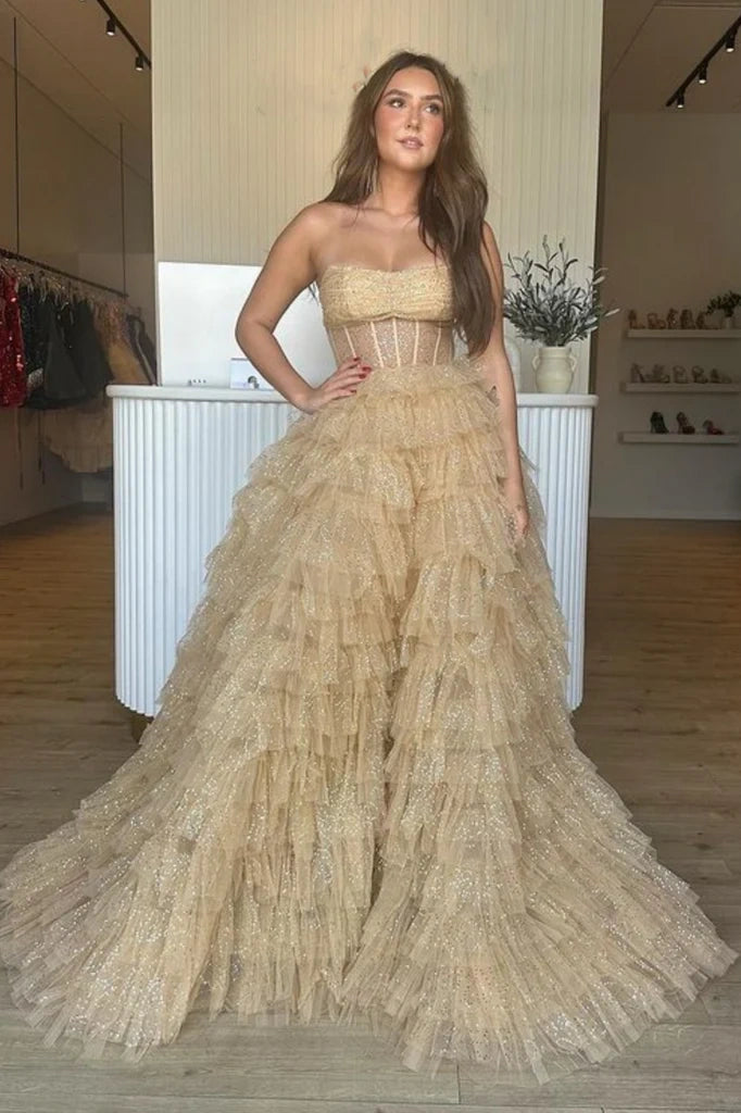 Champagne A-Line Strapless Tiered Party Prom Dress