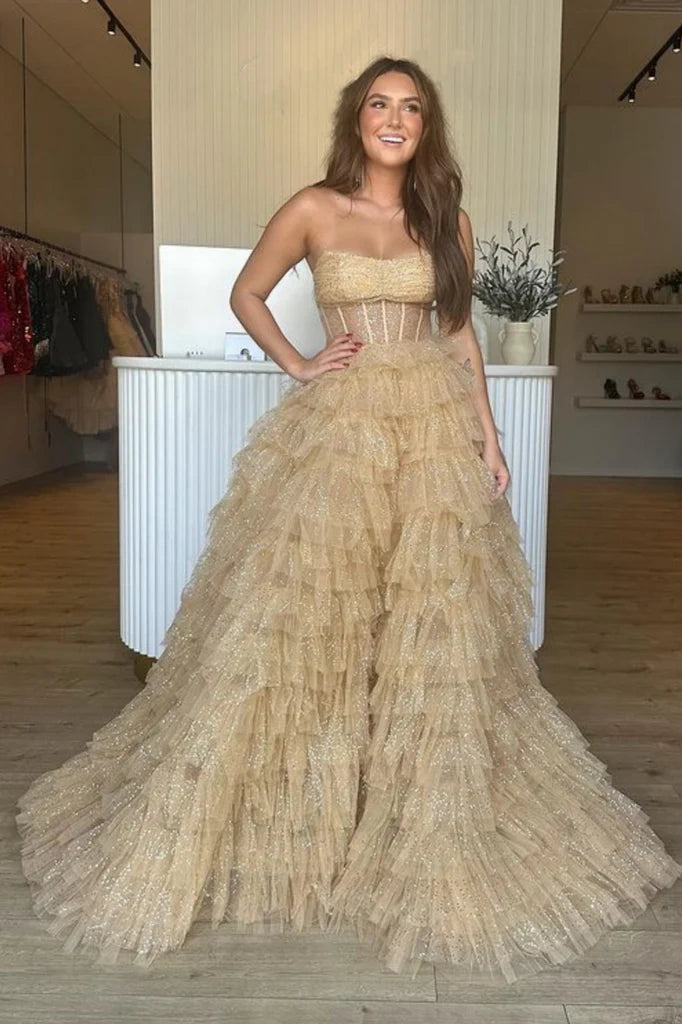 Champagne A-Line Strapless Tiered Party Prom Dress Movousdress Champagne A-Line Strapless Tiered Party Prom Dress Movousdress