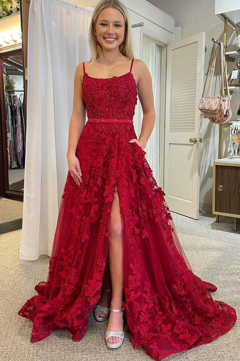 Chic A-Line Bateau Lace Appliques With Pockets Long Prom Dress Movousdress Chic A-Line Bateau Lace Appliques With Pockets Long Prom Dress Movousdress