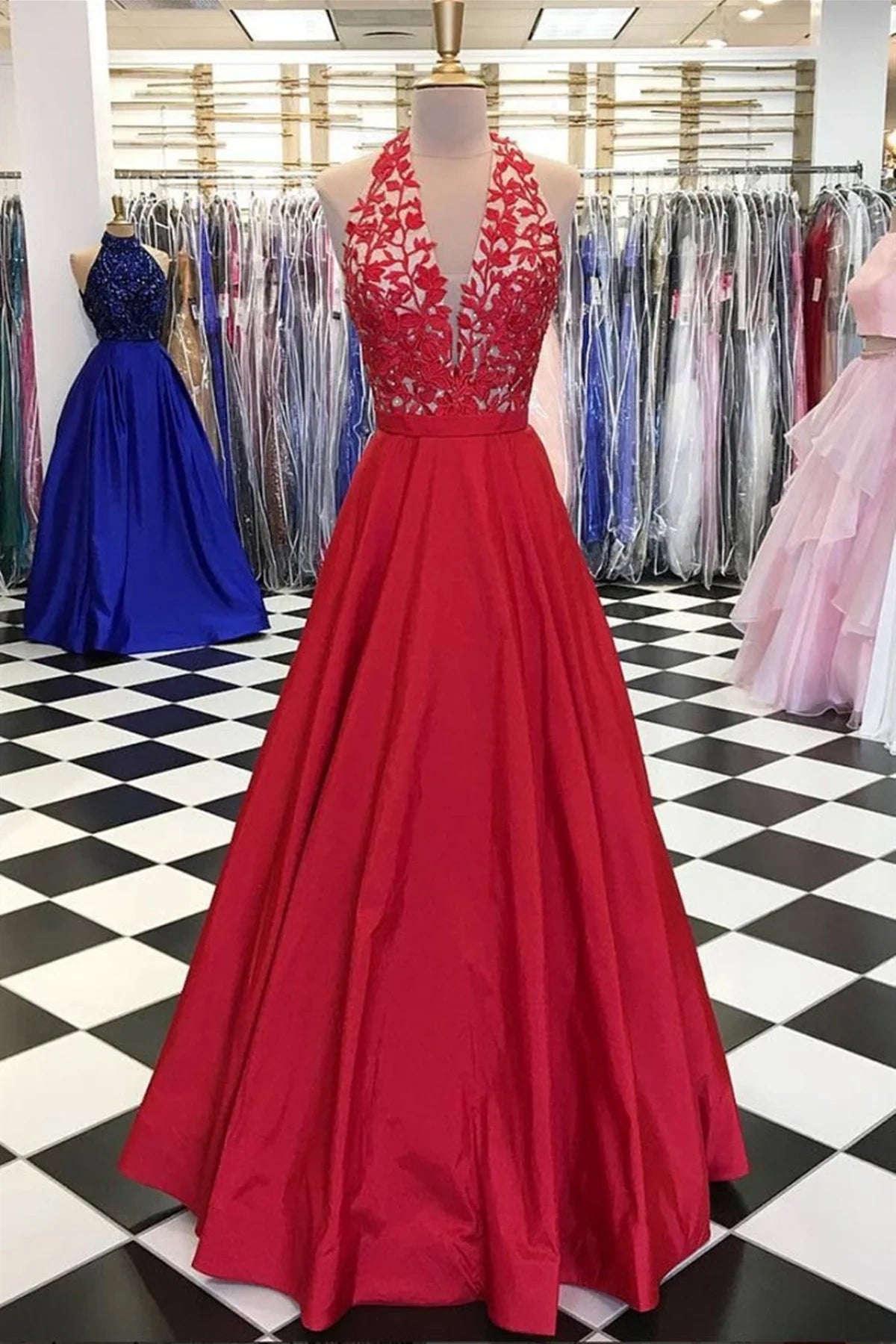 Chic A-Line V-Neck Halter Empire Two Tone Party Prom Dress