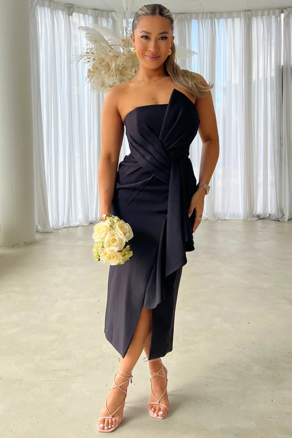 Chic Black Strapless Empire Tea-Length Bridesmaid Dress