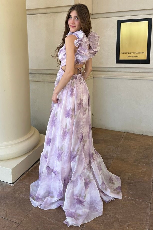 Chic Chiffon A-Line V-Neck Ruffled Straps Lace Up Floral Prom Dress
