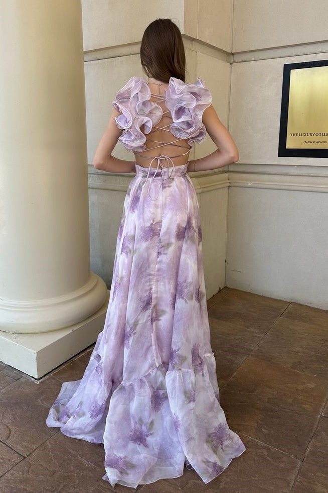 Chic Chiffon A-Line V-Neck Ruffled Straps Lace Up Floral Prom Dress