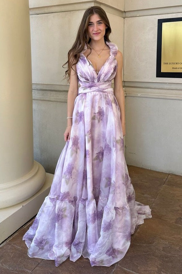 Chic Chiffon A-Line V-Neck Ruffled Straps Lace Up Floral Prom Dress