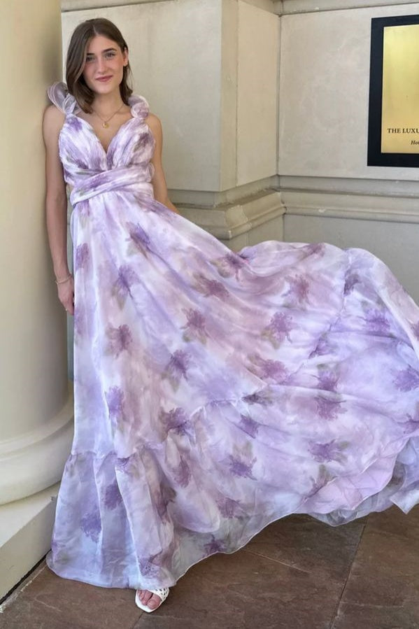 Chic Chiffon A-Line V-Neck Ruffled Straps Lace Up Floral Prom Dress