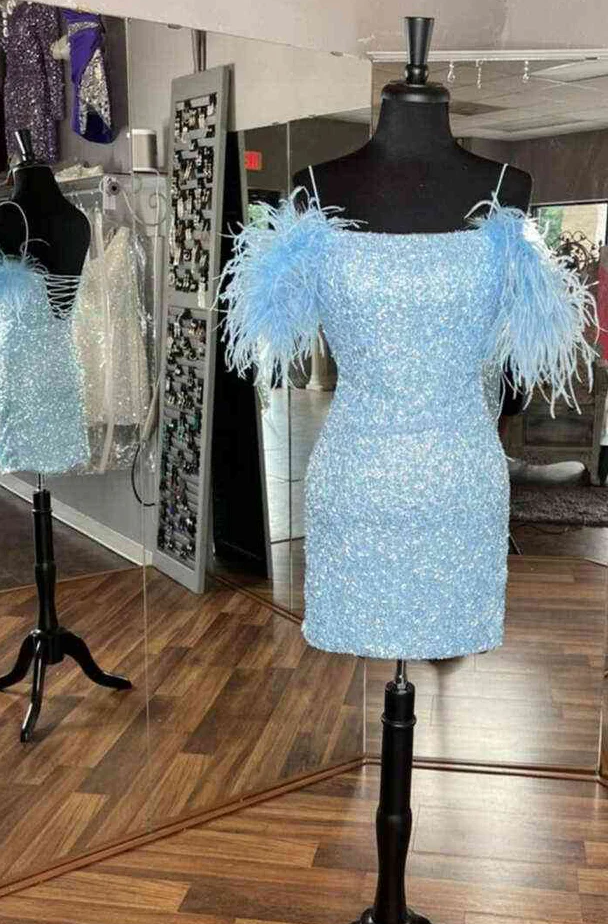 Chic Glitter Fitted Feather Off-Shoulder Sequins Homecoming Party Dress