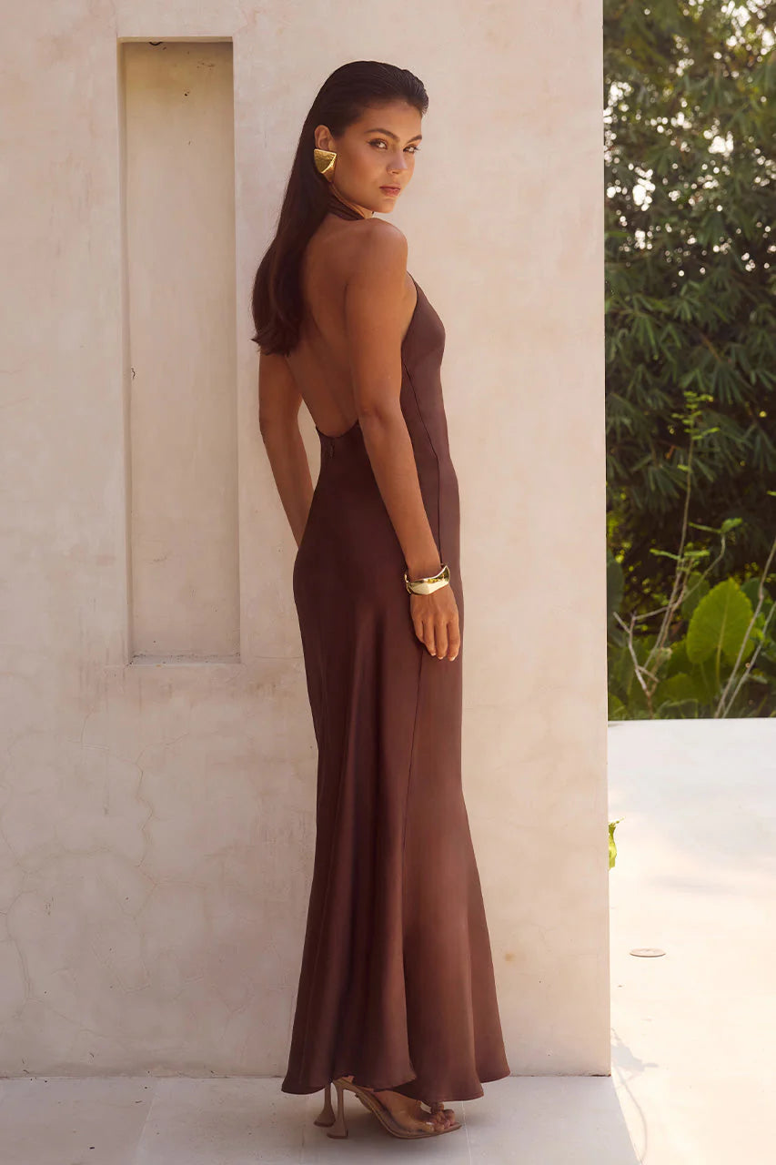 Chic High Neck Backless Satin Long Bridesmaid Dress