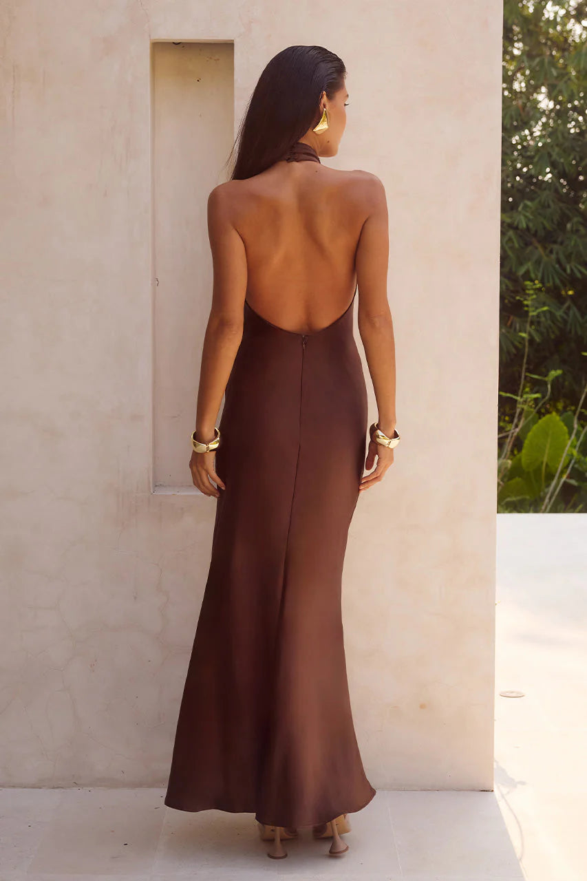 Chic High Neck Backless Satin Long Bridesmaid Dress