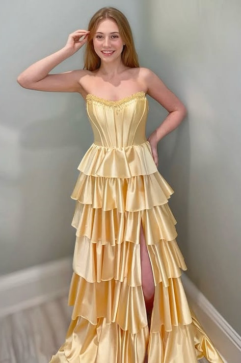 Chic Satin A-Line Strapless Beaded Tiered Party Prom Dress With Slit