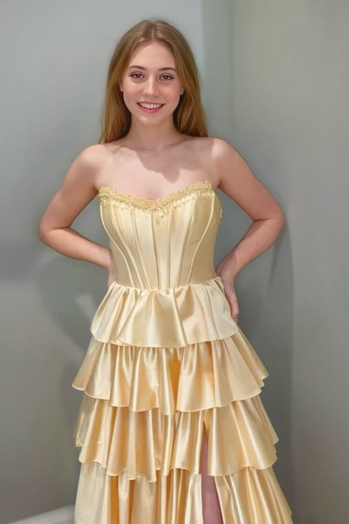 Chic Satin A-Line Strapless Beaded Tiered Party Prom Dress With Slit