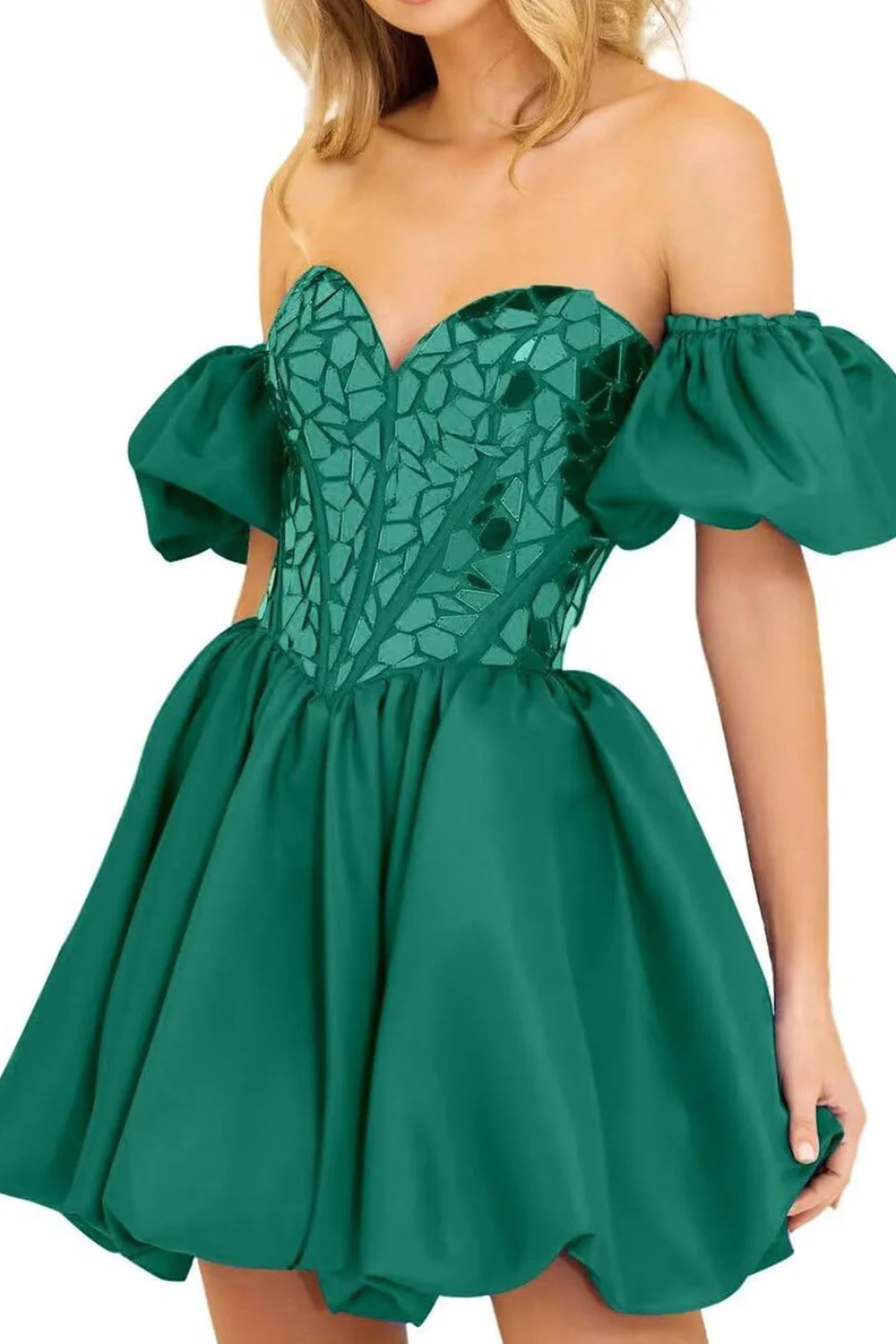 Chic Satin A-Line Sweetheart Beaded Detachable Puff Sleeves Homecoming Dress
