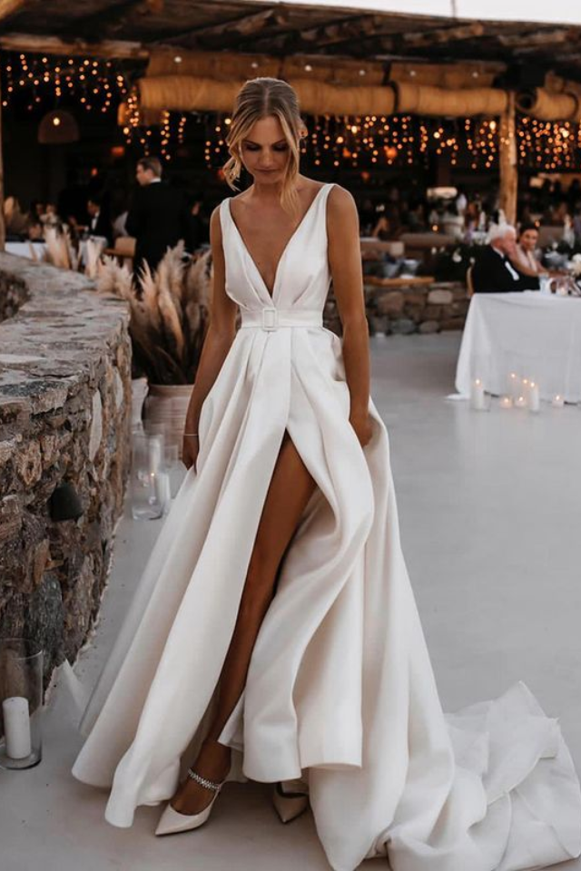 Chic Satin A-Line V-Neck Strapless Empire With Side Slit Wedding Dress