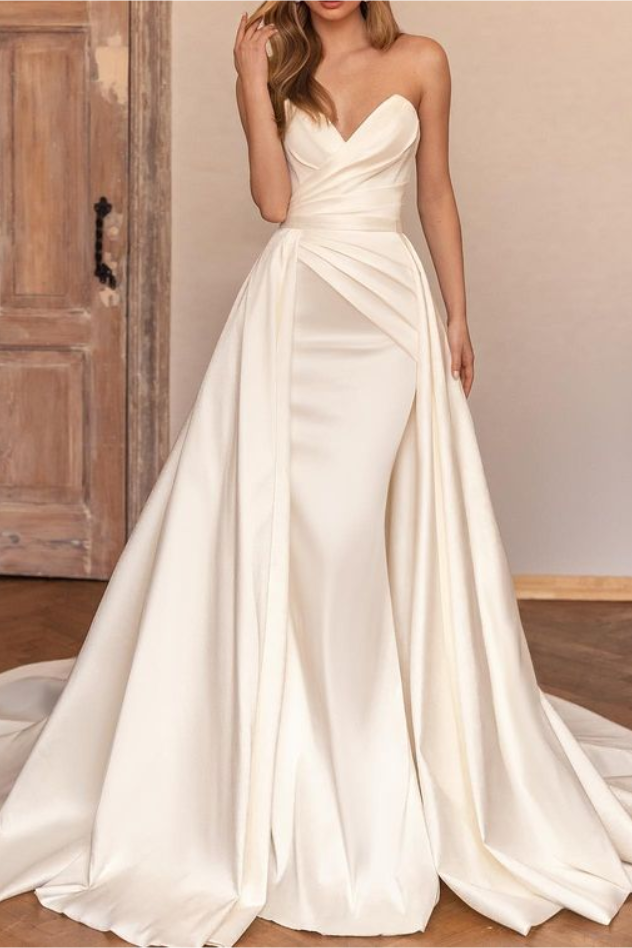 Chic Satin Fitted With Detachable Overskirt V-Neck Strapless Satin Wedding Dress