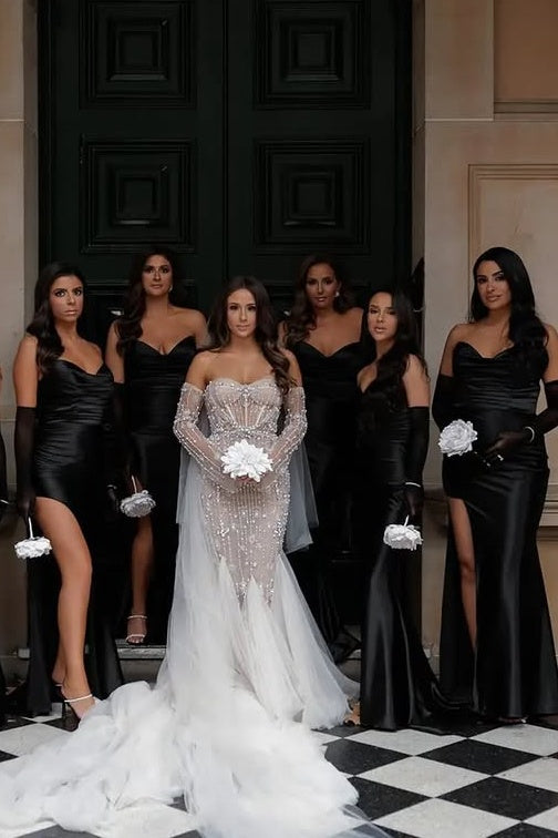 Chic Satin Mermaid Strapless Long Bridesmaid Dress With Slit