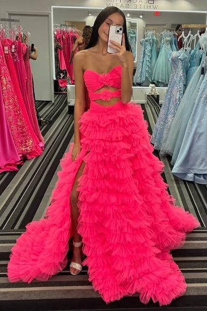 Chic Strapless Empire Tiered Long Party Prom Dress With Side Slit