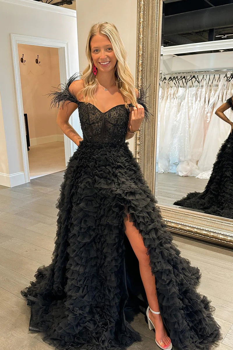 Chic Tulle A-Line Off-Shoulder Beaded Sheer Empire Prom Dress Movousdress Chic Tulle A-Line Off-Shoulder Beaded Sheer Empire Prom Dress Movousdress
