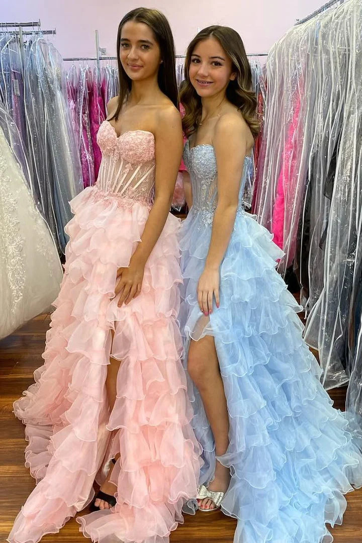 Chic Tulle A-Line Strapless Tiered Party Prom Dress