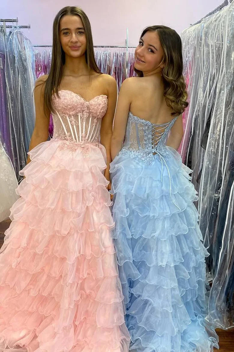 Chic Tulle A-Line Strapless Tiered Party Prom Dress
