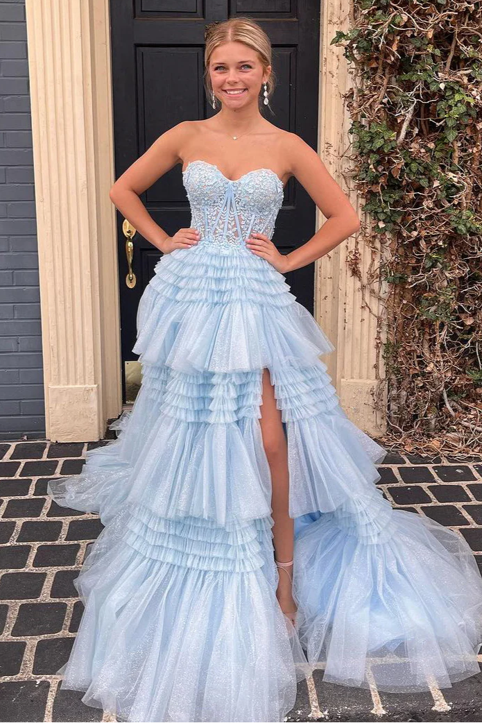Chic Tulle A-Line Sweetheart Strapless Tiered Long Party Prom Dress
