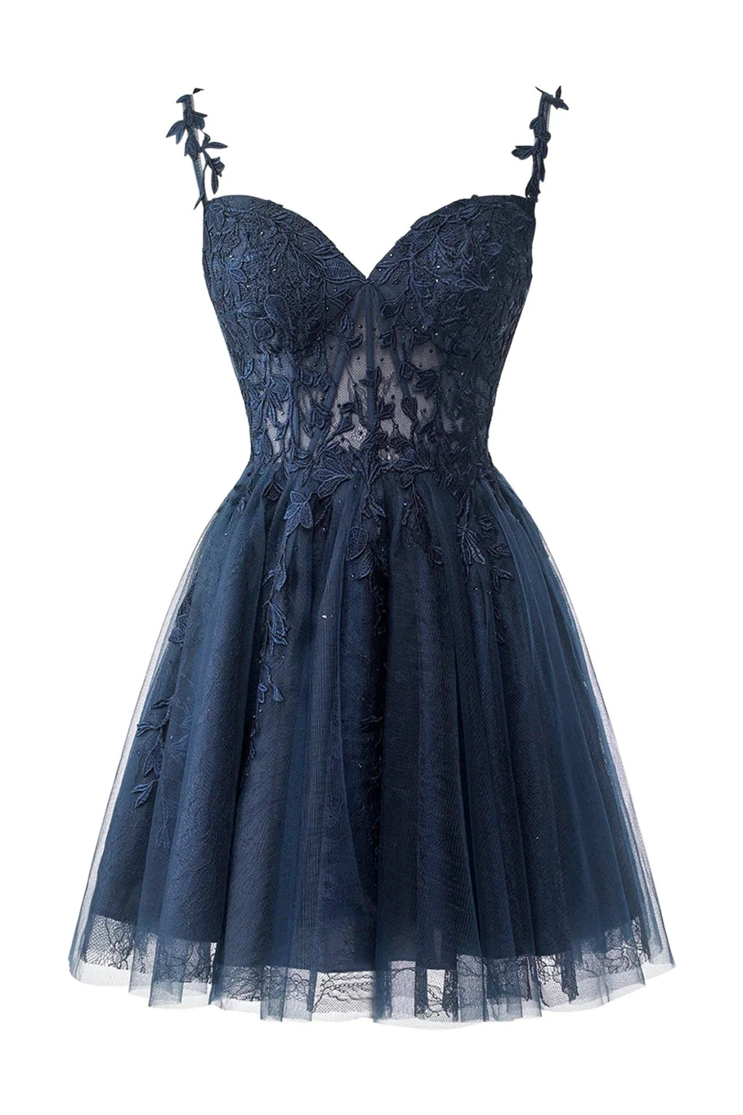Chic Tulle A-Line V-Neck Sleeveless Lace Appliqued Short Homecoming Dress