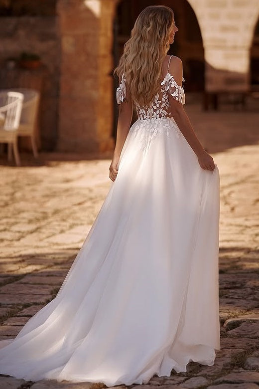 Chiffon A-Line Off-Shoulder Appliques Beach Wedding Dress
