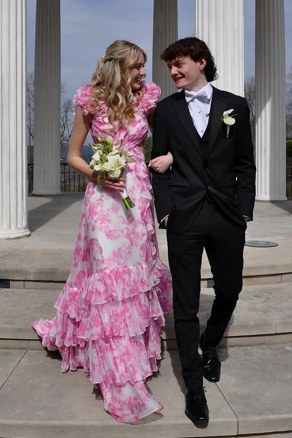 Chiffon A-Line Ruffled Straps Backless Floral Party Prom Dress