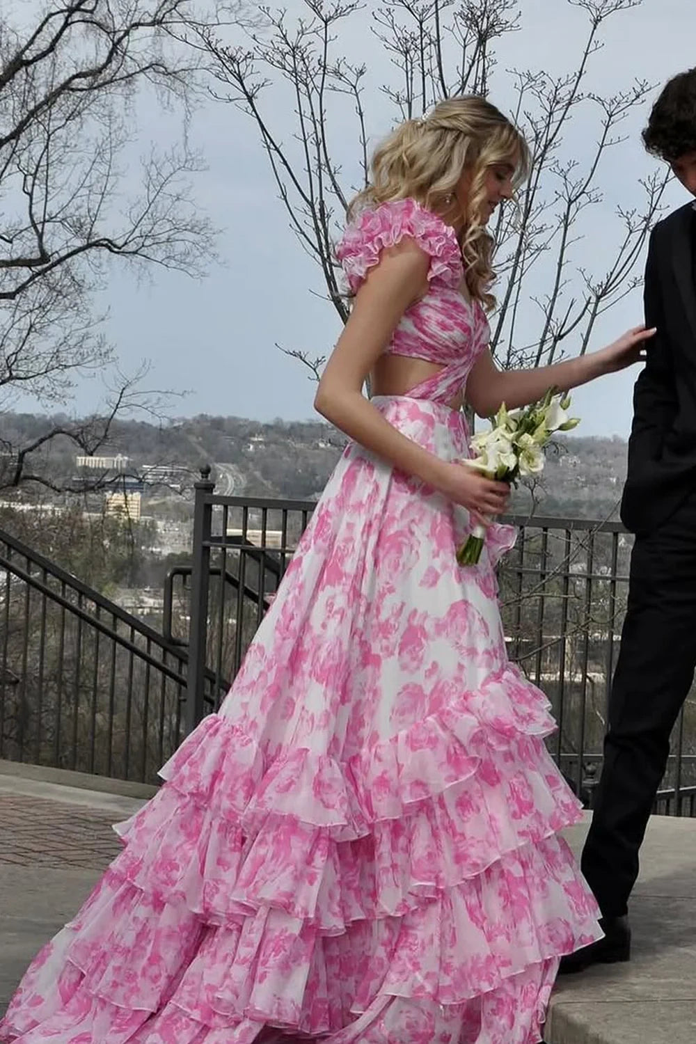 Chiffon A-Line Ruffled Straps Backless Floral Party Prom Dress