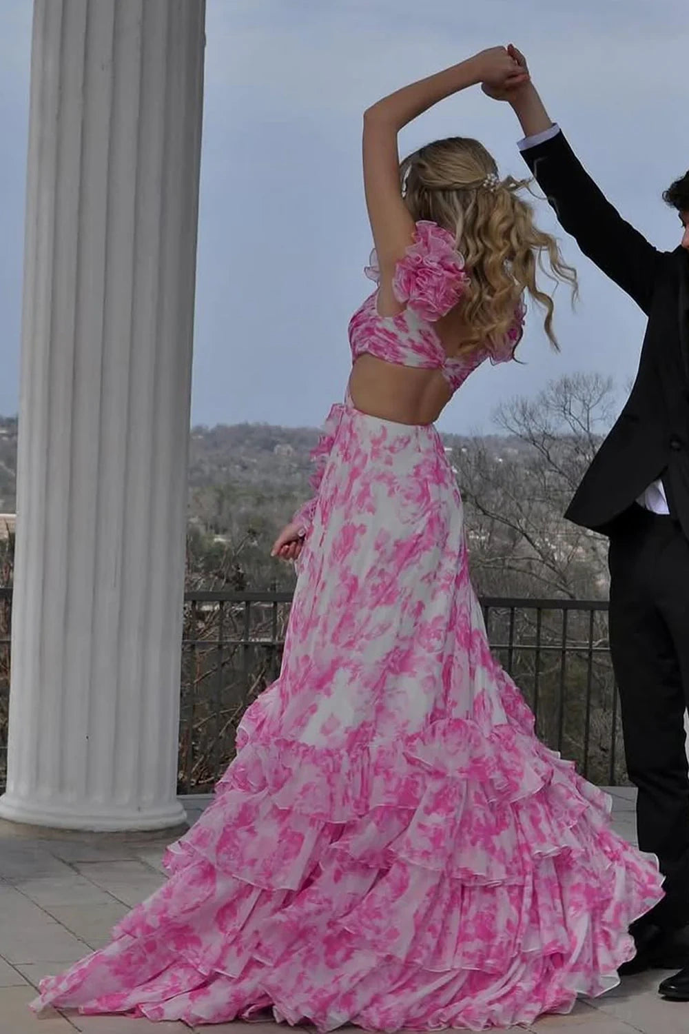 Chiffon A-Line Ruffled Straps Backless Floral Party Prom Dress