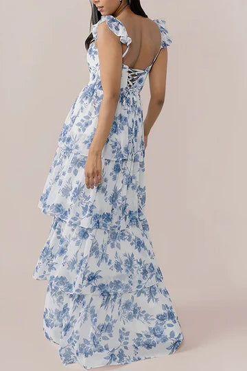 Chiffon A-Line Sweetheart Straps Ruffled Floral Party Prom Dress