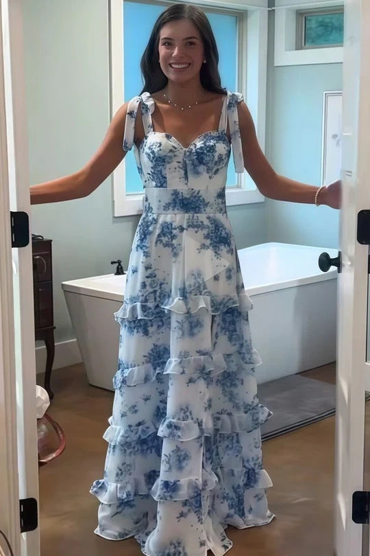 Chiffon A-Line Sweetheart Straps Ruffled Floral Party Prom Dress
