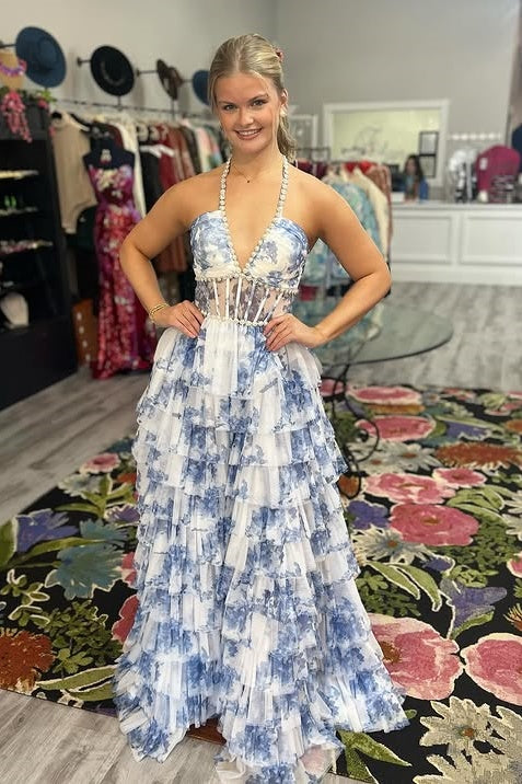 Chiffon A-Line V-Neck Halter Tiered Floral Party Prom Dress
