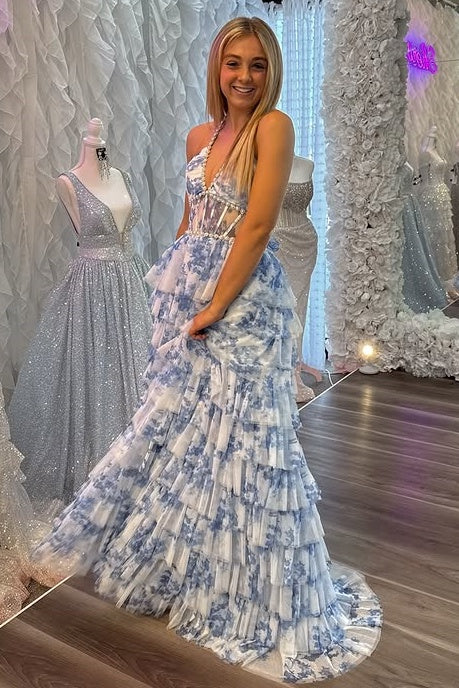 Chiffon A-Line V-Neck Halter Tiered Floral Party Prom Dress