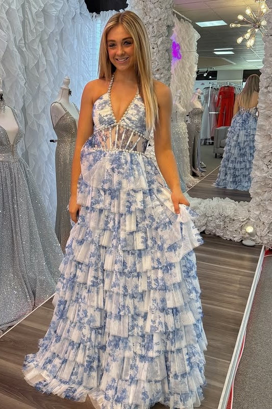 Chiffon A-Line V-Neck Halter Tiered Floral Party Prom Dress