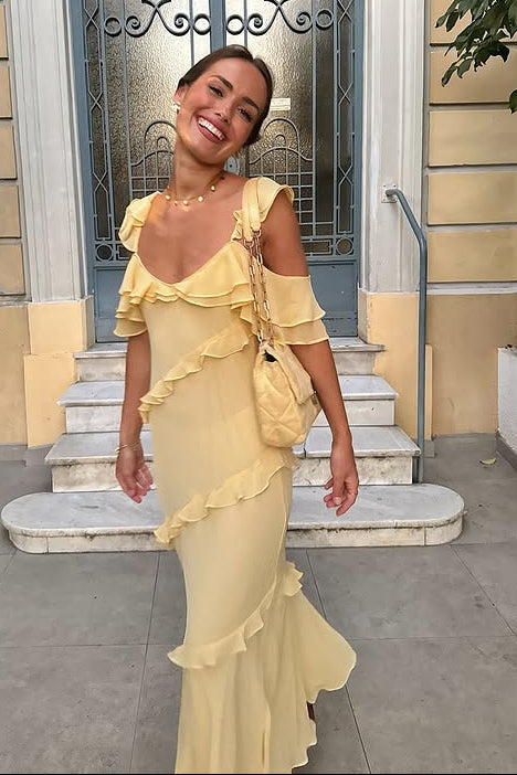 Chiffon Fitted Low V-Neck Ruffle Party Prom Dress