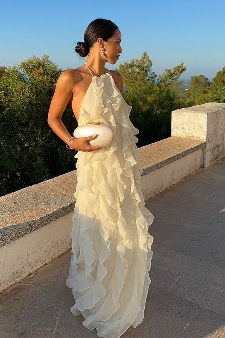 Chiffon High Neck Backless Ruffled Long Party Prom Dress Movousdress Chiffon High Neck Backless Ruffled Long Party Prom Dress Movousdress