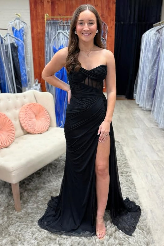 Chiffon Sweetheart Strapless Mermaid Party Prom Dress With Slit