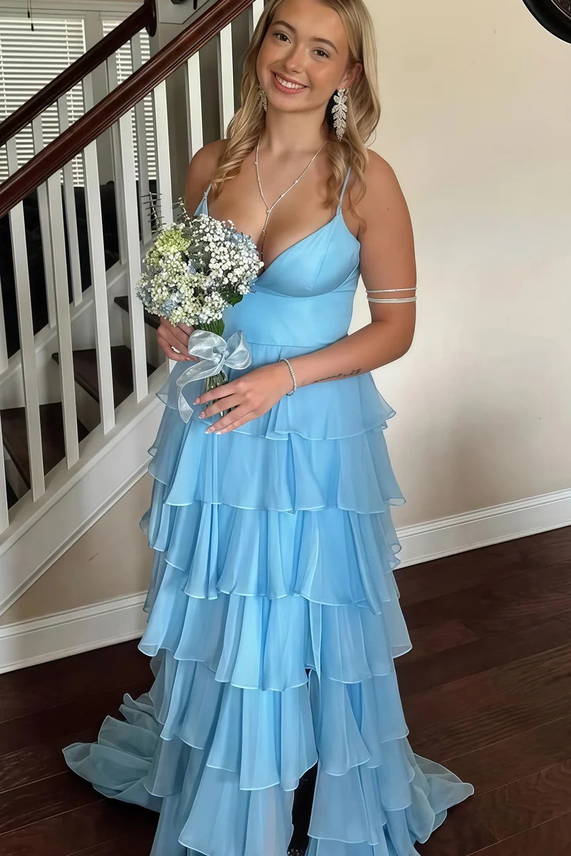 Chiffon V-Neck Spaghetti Straps A-Line Tiered Party Prom Dress