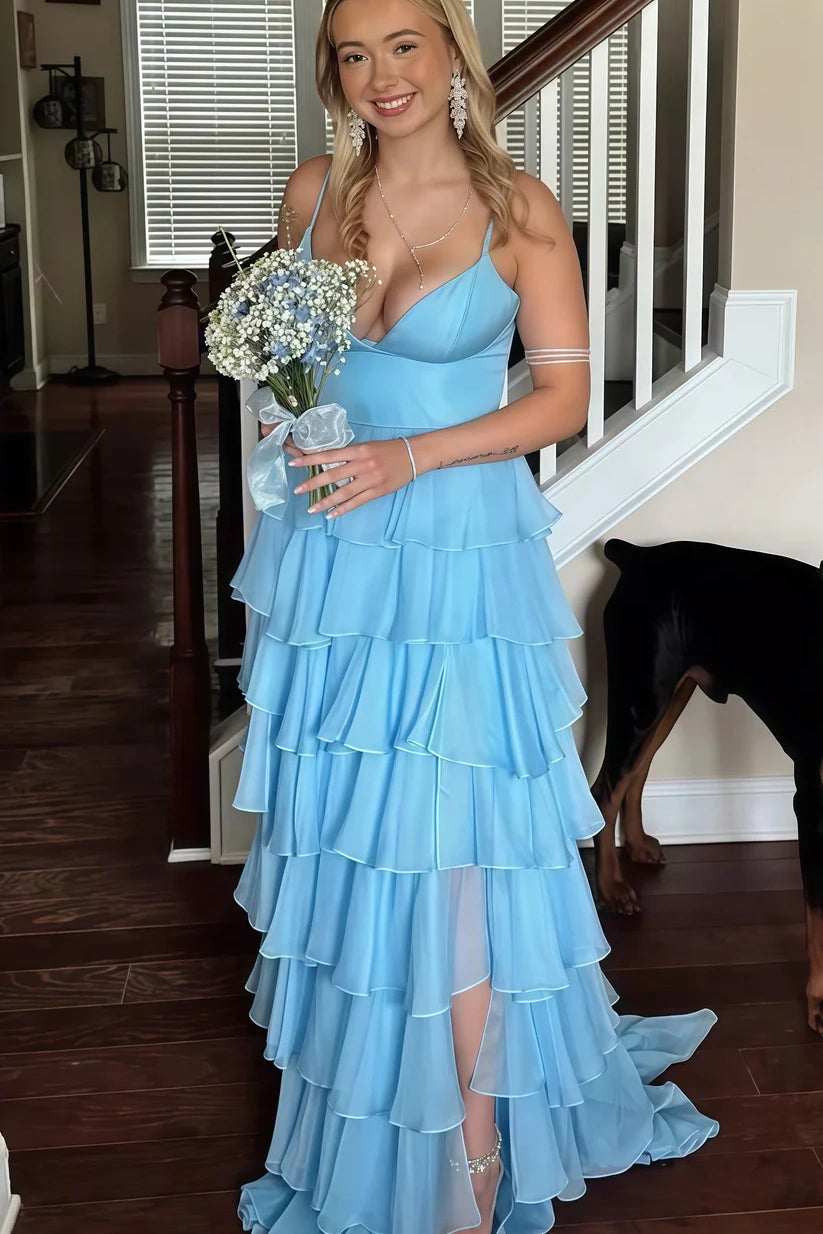 Chiffon V-Neck Spaghetti Straps A-Line Tiered Party Prom Dress