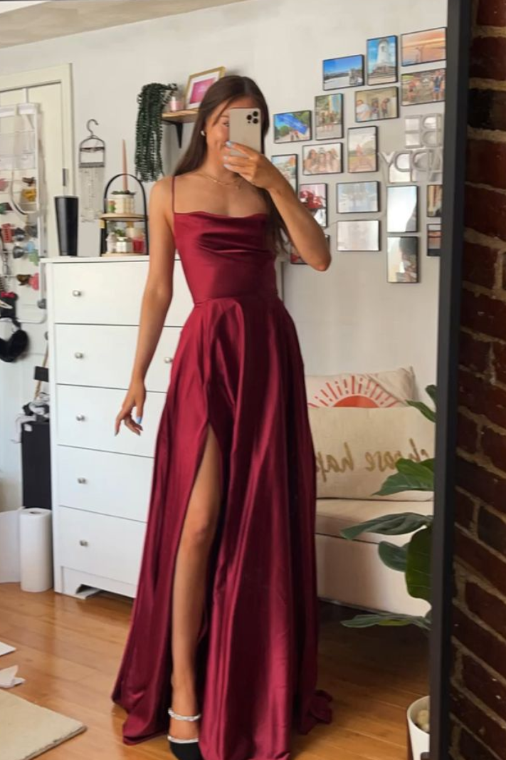 Classic Satin A-Line Spaghetti Straps Empire With Side Slit Prom Dress Movousdress Classic Satin A-Line Spaghetti Straps Empire With Side Slit Prom Dress Movousdress